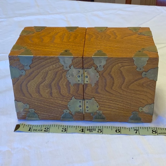 Korean Wood and Brass Jewelry Box with 4 Square Velveteen Lined Drawers - Picture 3 of 10